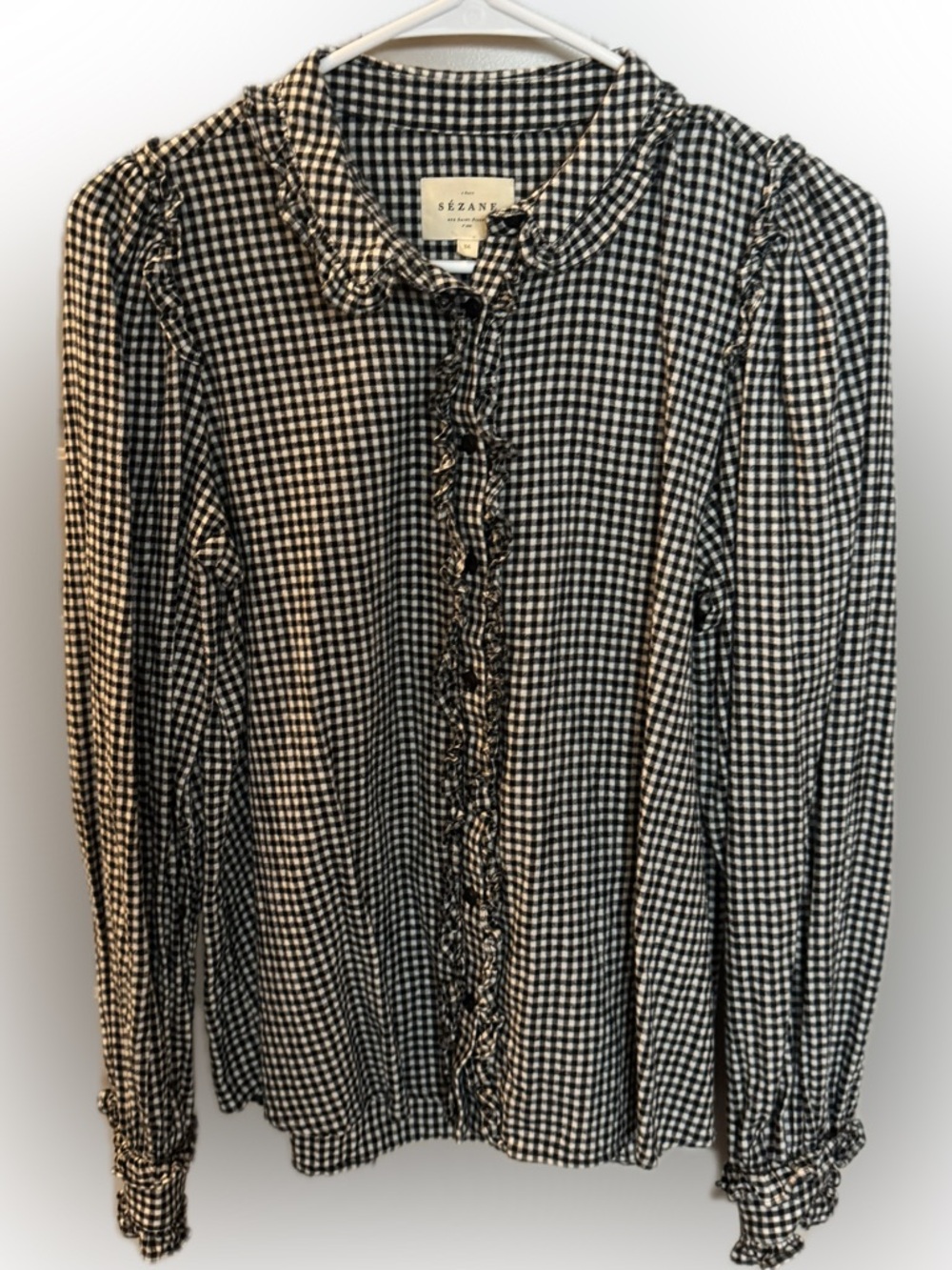 Sezane Black & White Gingham Ruffle-Trim Button Front Shirt